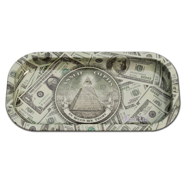 Rolling Tray Dreh-Tablett, Metall, klein “Black Leaf In Weed We Trust Dollar”